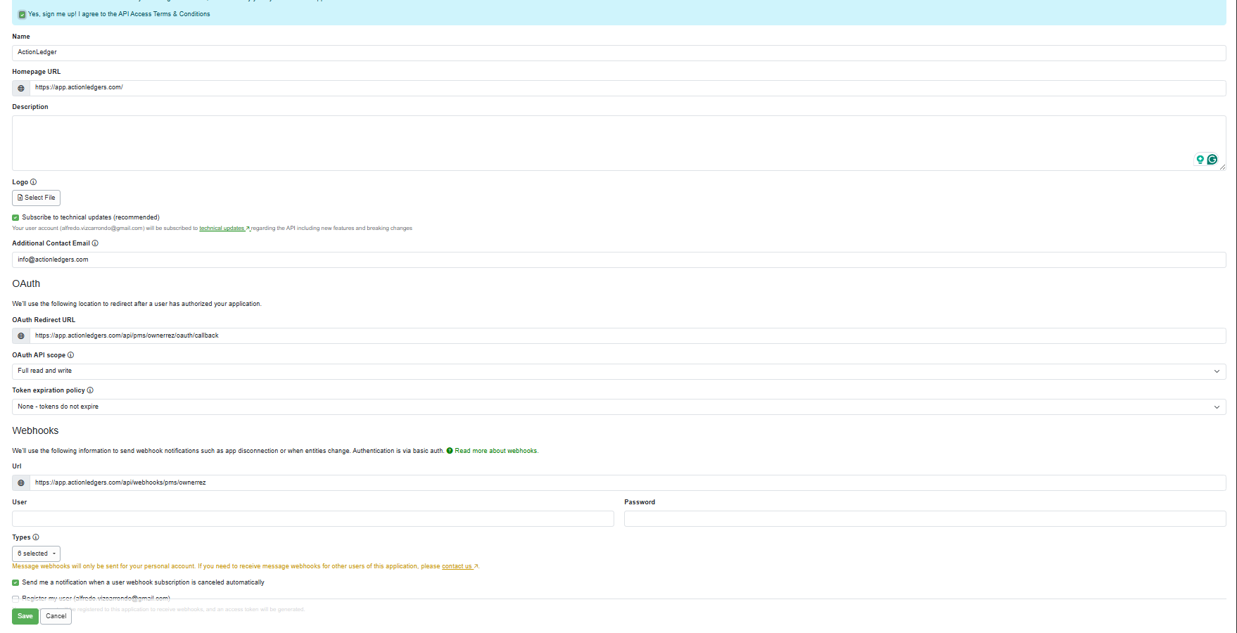 Completed OwnerRez OAuth application form for ActionLedger
