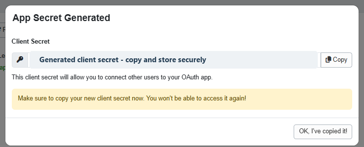 OwnerRez Client Secret dialog with the secret redacted
