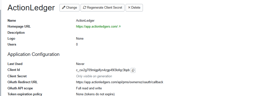 Saved OwnerRez OAuth app showing the Client ID