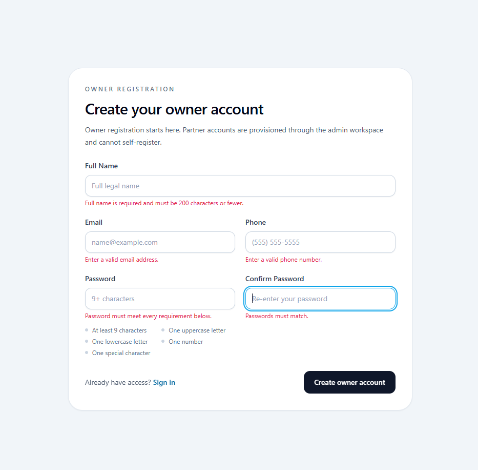 ActionLedger owner account registration screen