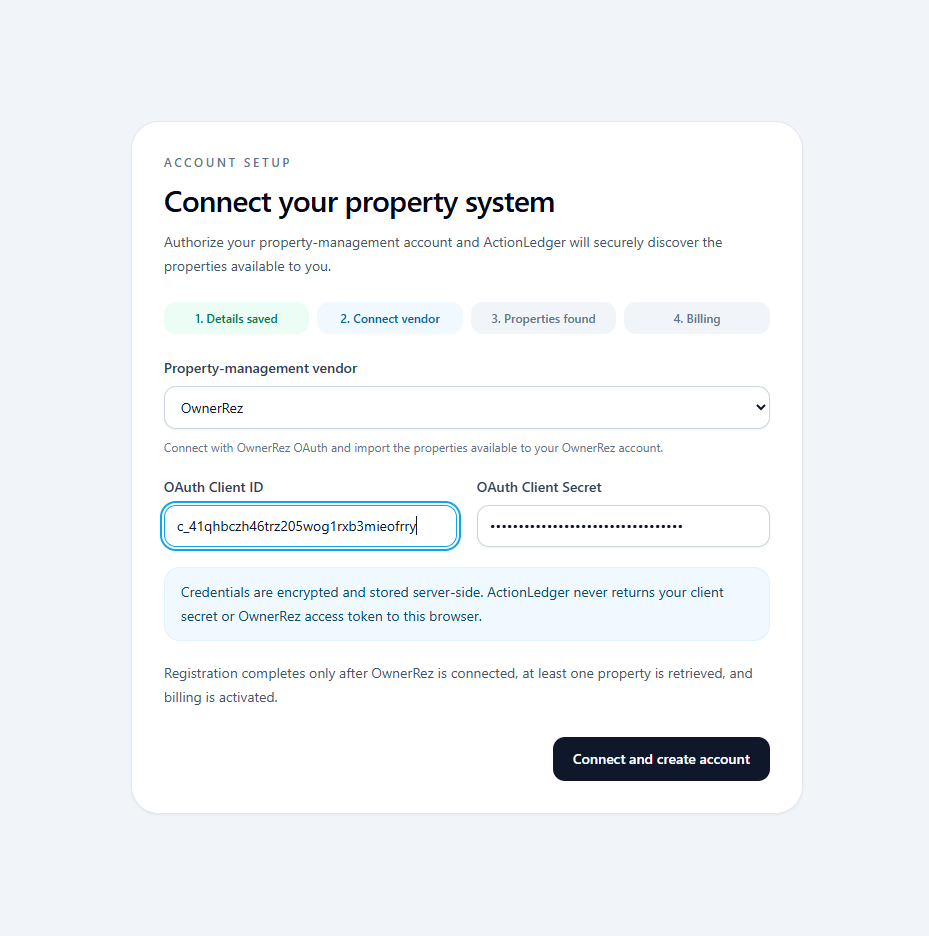 ActionLedger OwnerRez connection form