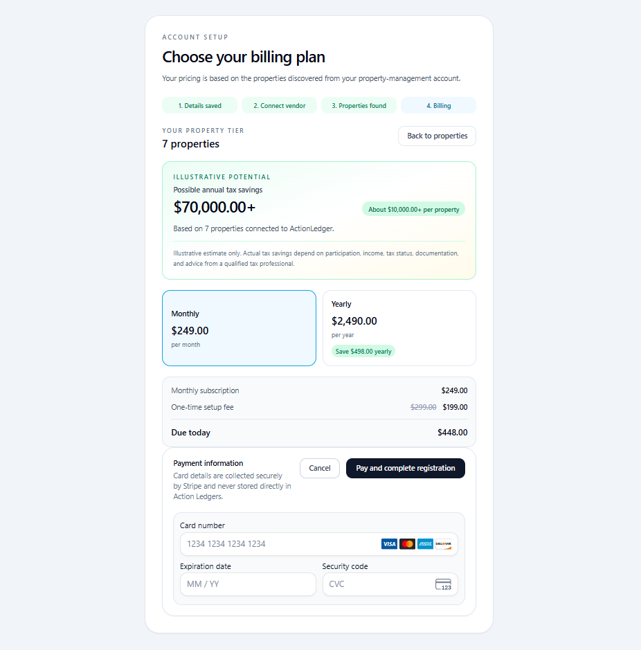 ActionLedger billing plan and payment screen