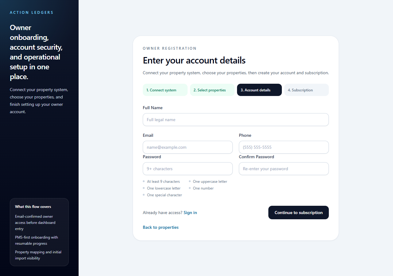 Action Ledger Enter your account details form with contact and password fields