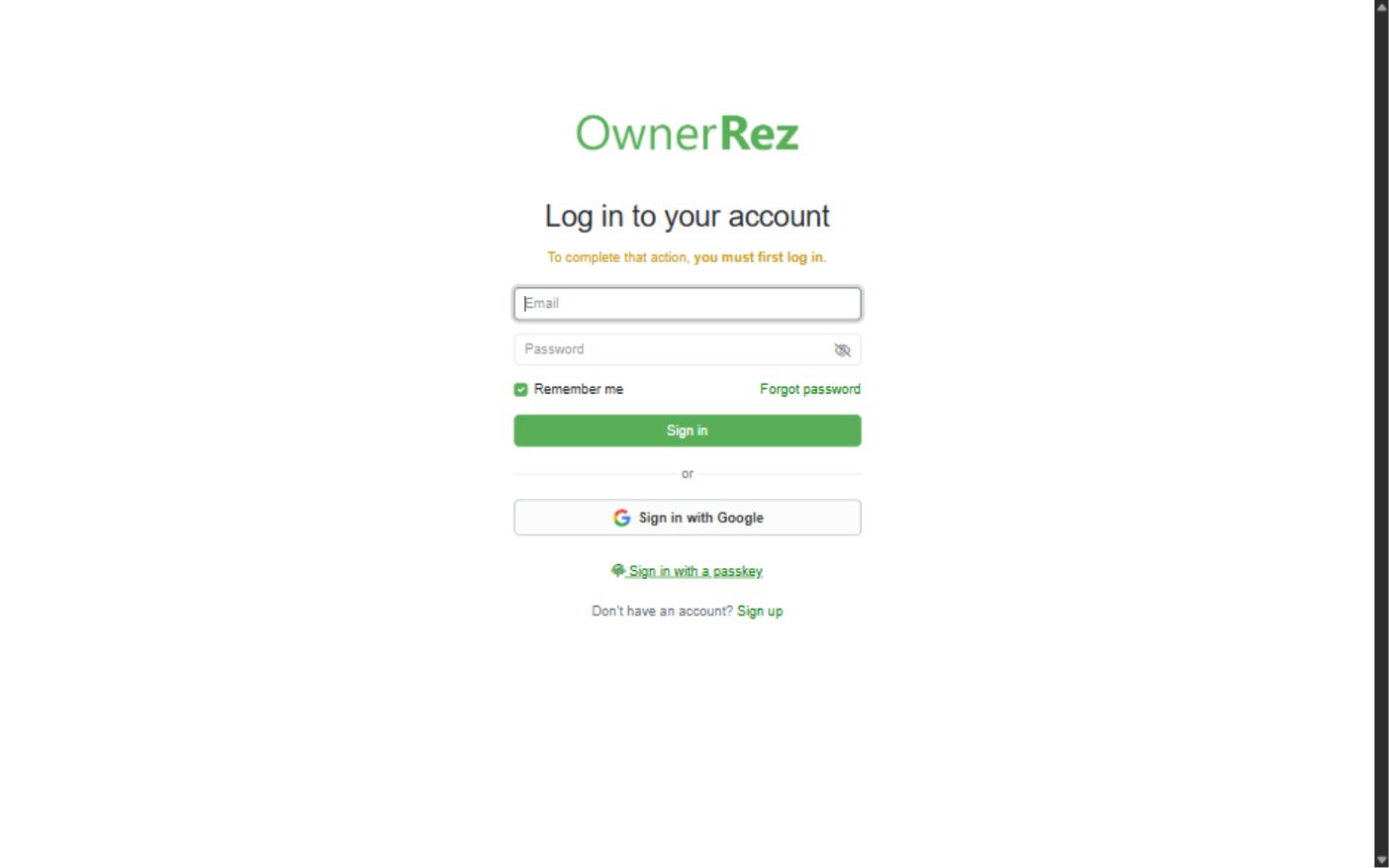 OwnerRez-hosted sign-in page shown before authorizing Action Ledger