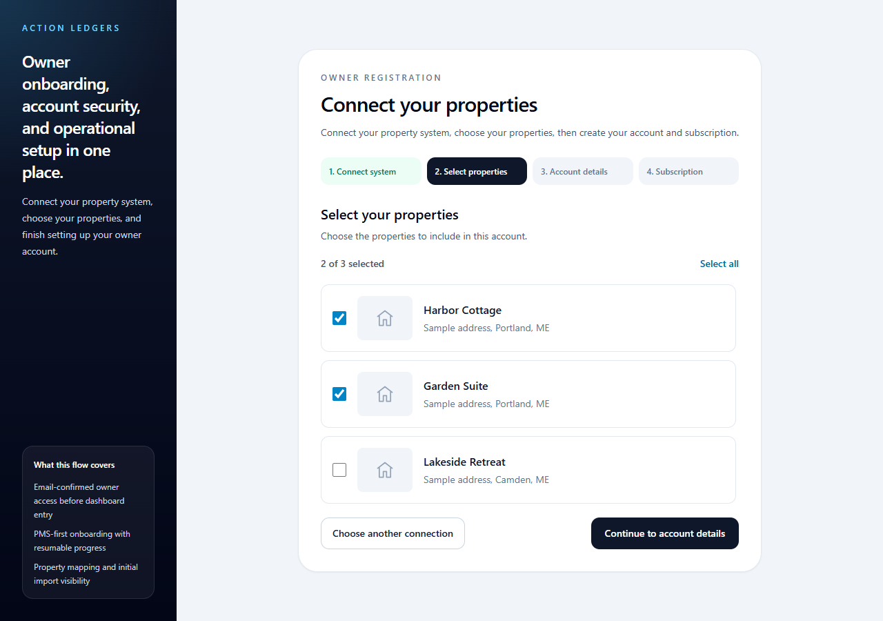 Action Ledger Select your properties screen with property checkboxes and Continue to account details