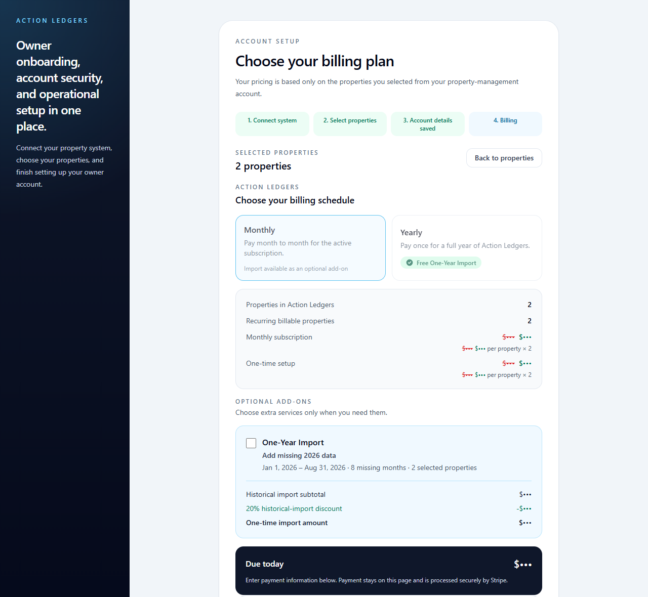 Action Ledger subscription screen with monthly and yearly options, optional One-Year Import, and masked example prices